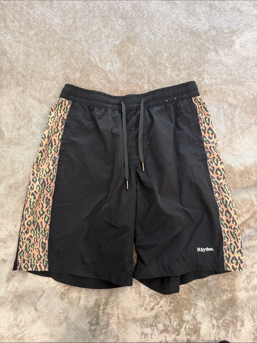 NWOT Rhythm Black Swim Shorts with Leopard-Print Side Panels size 30
